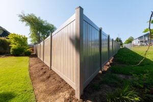 A corner section of a tall, grey vinyl privacy fence bordering a residential lawn.