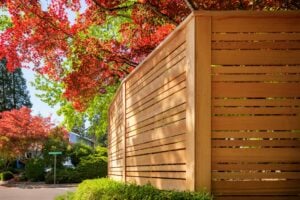 Horizontal wood slat fence beside a residential street with autumn maple trees.