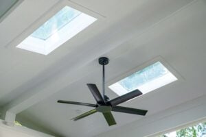 A matte black ceiling fan suspended between two rectangular skylights on a white vaulted ceiling.