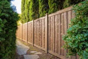 A tall wooden privacy fence runs alongside a stone garden path framed by evergreen hedges.