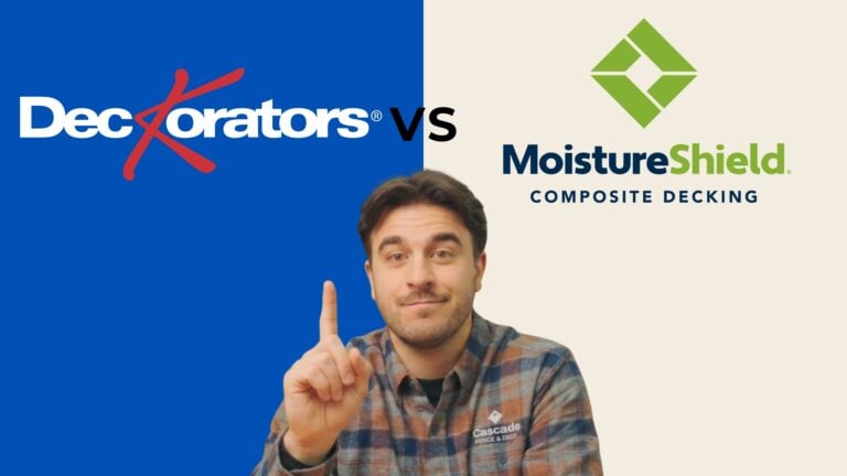 A man in a plaid shirt points up, sitting in front of a split blue and beige background showing “Deckorators vs MoistureShield Composite Decking” logos.