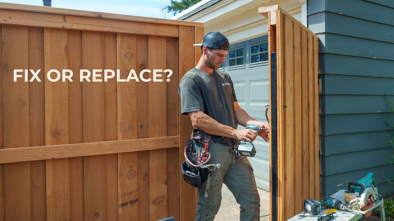 A worker using a power drill to repair a wooden fence, with the text FIX OR REPLACE? overlaid.