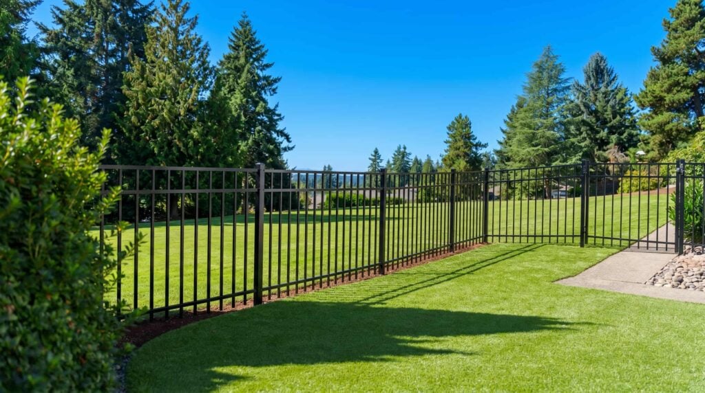 A black metal fence encloses a green lawn with a sidewalk and some bushes, surrounded by tall evergreen trees under a clear blue sky.