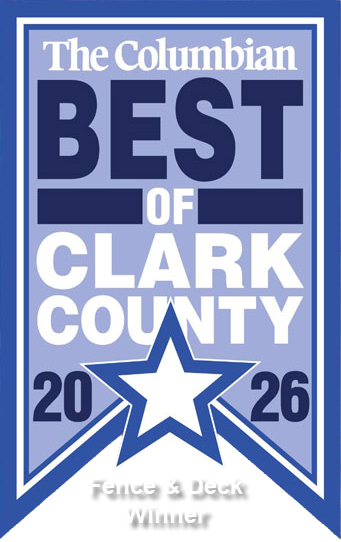 A blue and white banner reads The Columbian Best of Clark County 2026 with a star and the words Fence & Deck Winner at the bottom.