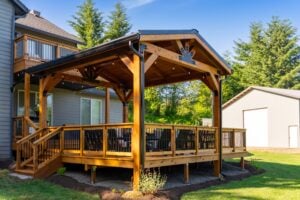 A large, covered timber-frame deck attached to a house, featuring string lights and black metal railings.