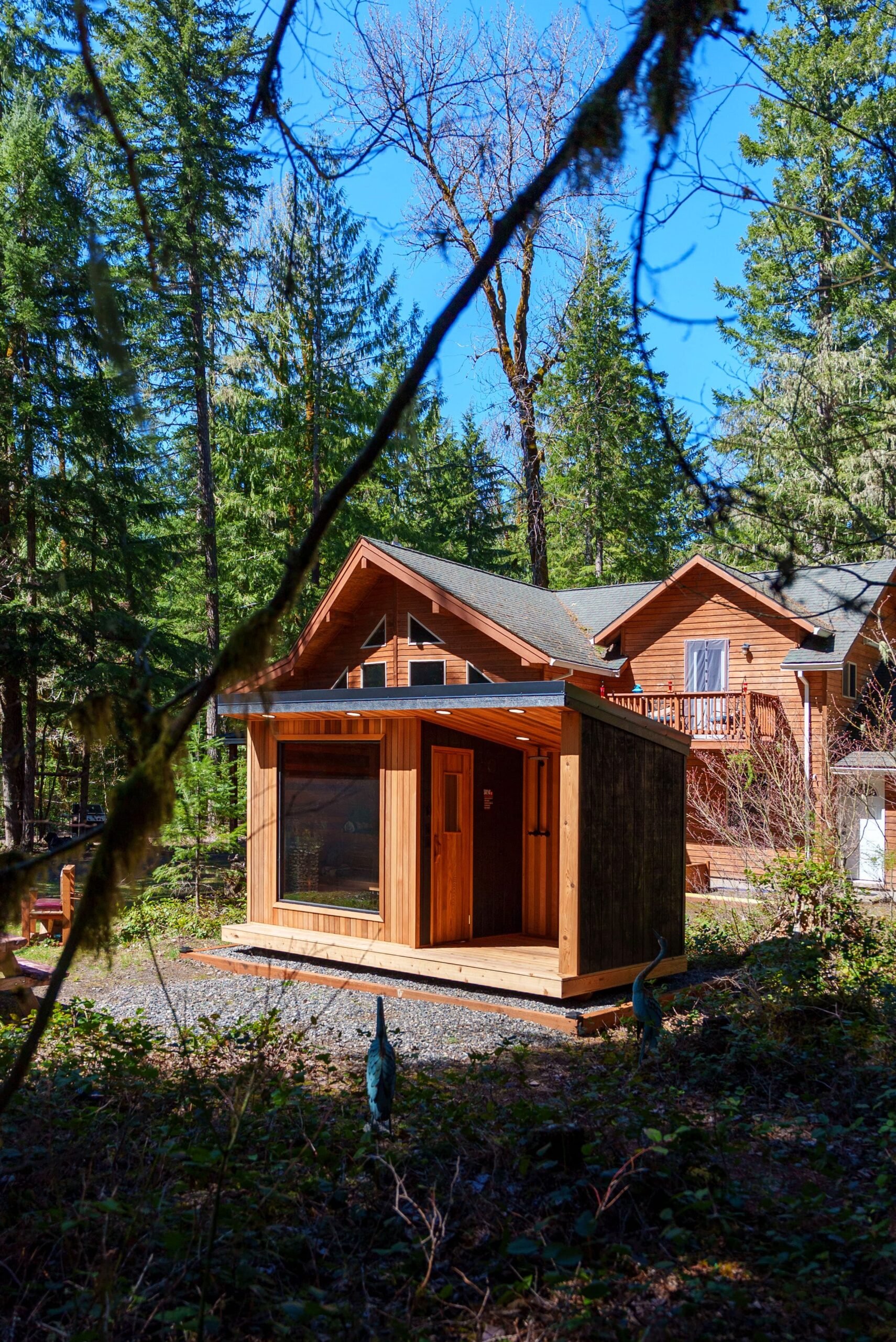 A small modern wooden cabin stands in front of a larger wooden house, surrounded by tall green trees and forest under a clear blue sky. Sunlight filters through the branches.