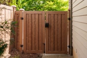 Double wooden gate installed between a house wall and a fence.