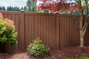 Brown privacy fence with vertical panels and wood grain texture, with shrubs and a small tree in front.