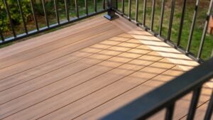 A wooden deck corner with black metal railings, sunlight casting diagonal shadows across the clean wooden planks, and greenery visible beyond the railing.