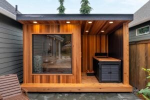A cedar-paneled outdoor sauna structure with a glass window and a built-in hot tub on the porch.