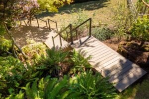 A wooden deck with a staircase and metal cable railings descends into a landscaped backyard with ferns and trees.
