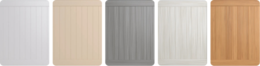 Five rectangular panels in a row, each with vertical grooves. The panels are colored white, beige, gray, light gray with wood grain, and medium brown with wood grain.