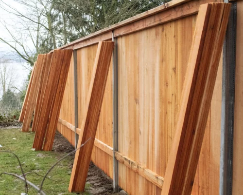 A wooden fence is supported by angled wooden braces, which are propped against the panels to provide stability. The fence is set on a grassy area with trees in the background.