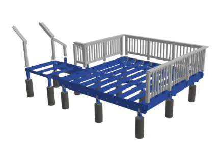 3D rendering of a blue and gray elevated platform with railings on two sides, posts for support, and two partial stairs at one end.