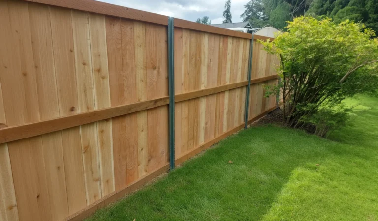 A new wooden fence with metal posts stands beside a green lawn and a leafy shrub, with houses and trees visible in the background under a cloudy sky.