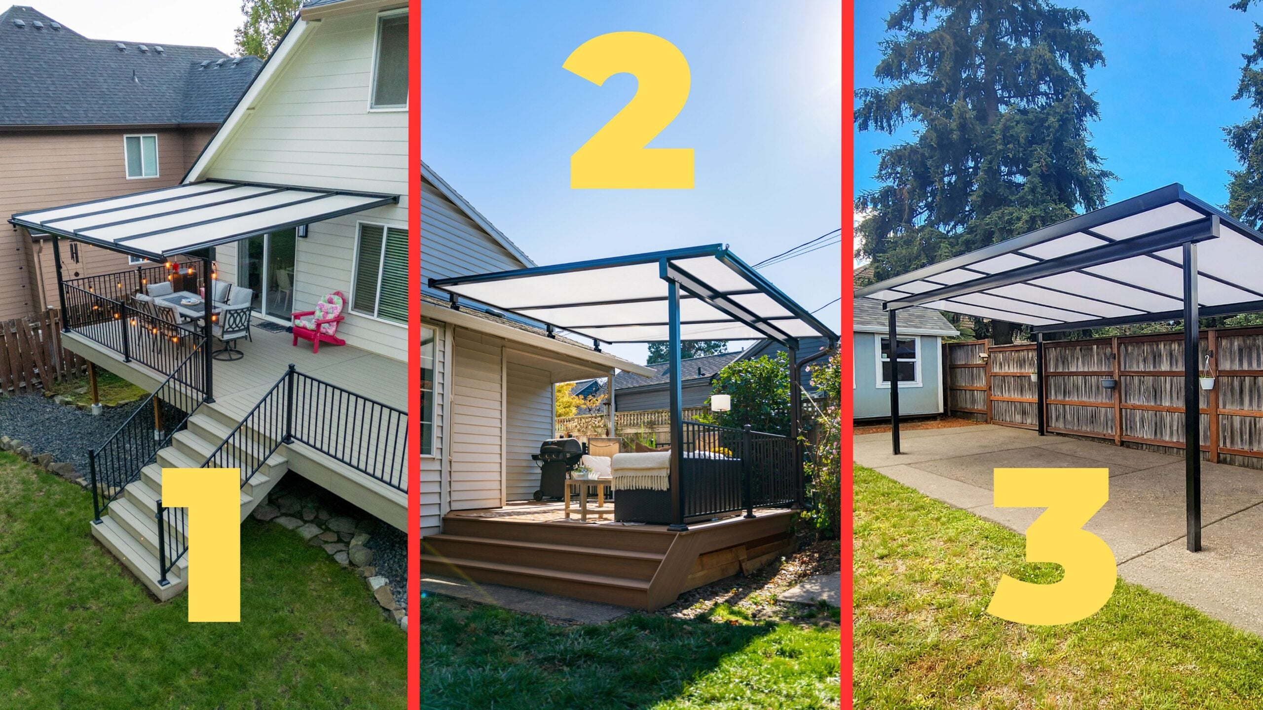 Three backyard patio covers are shown, each numbered 1 to 3, separated by red lines. All have metal frames with translucent roofs over outdoor seating or grilling areas next to houses or fences.