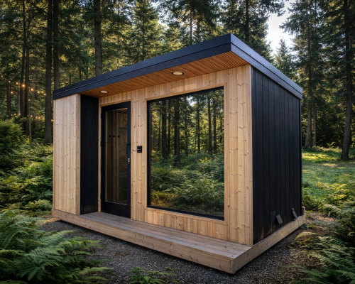 A modern, small wooden cabin with large windows sits in a lush, green forest surrounded by ferns and tall trees. Sunlight filters through the dense canopy, creating a peaceful, natural setting.