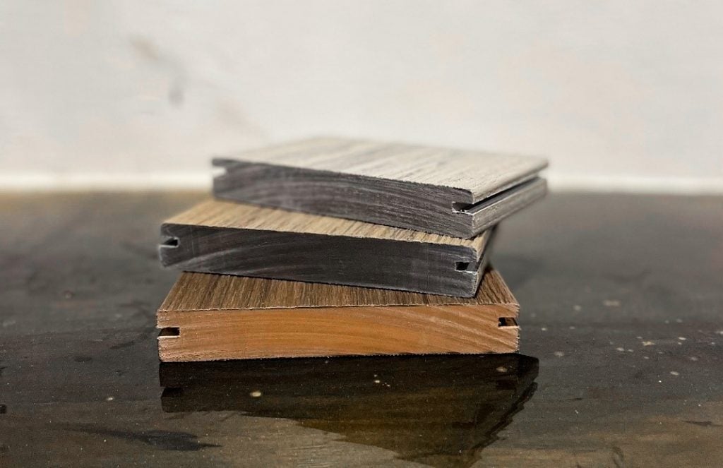 Picture of three composite decking samples 