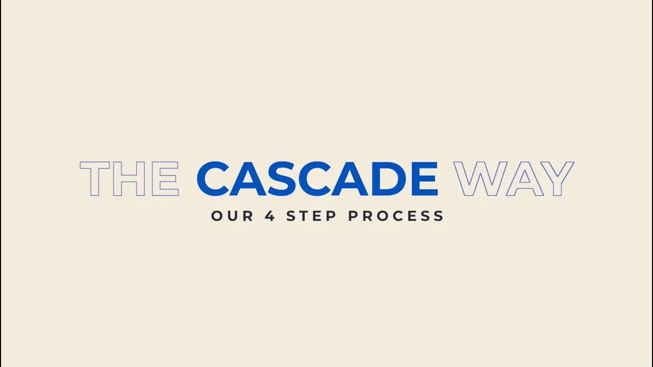 Text graphic with a light beige background. Bold blue words read THE CASCADE WAY, and smaller black text below says OUR 4 STEP PROCESS.