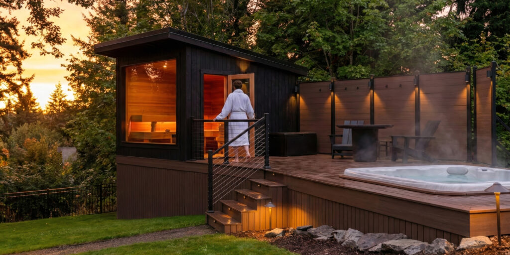 A person in a white robe enters a modern wooden sauna next to a hot tub on a deck surrounded by trees at sunset, with warm lighting creating a cozy outdoor retreat.