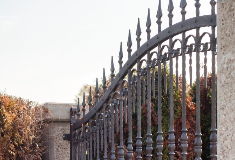Ornate black wrought iron fence with pointed finials, curving gently upward. Bushes with brown and green foliage and a stone pillar are visible in the background under a clear sky.